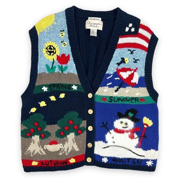 Christopher & Banks Sweaters - Christopher & Banks Vintage Hand Embroidered Four Seasons Wool Sweater Vest Sz L